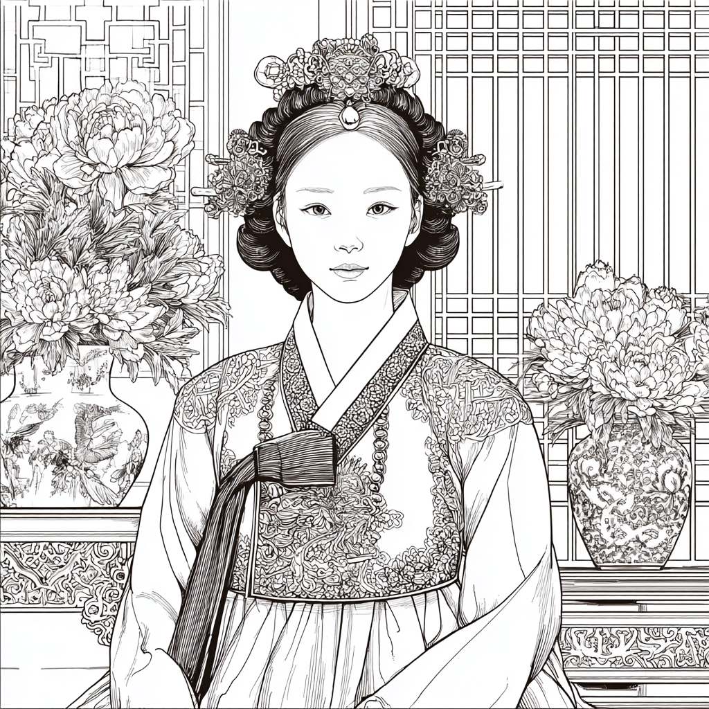Graceful Joseon Hanbok Portrait with Pink Peonies