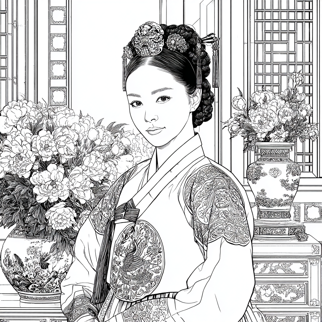 Graceful Joseon Hanbok Portrait with Pink Peonies