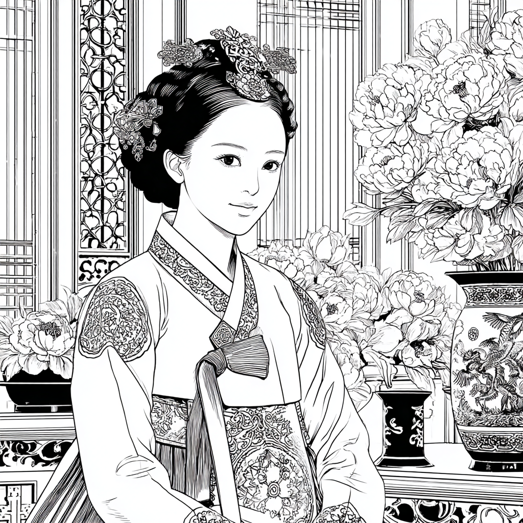 Graceful Joseon Hanbok Portrait with Pink Peonies