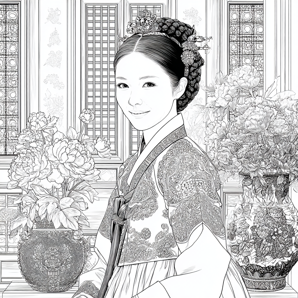 Graceful Joseon Hanbok Portrait with Pink Peonies