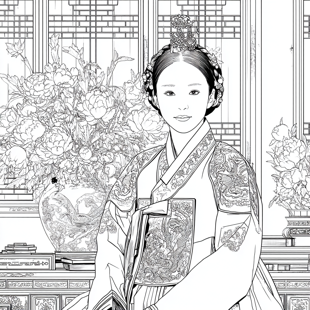 Graceful Joseon Hanbok Portrait with Pink Peonies