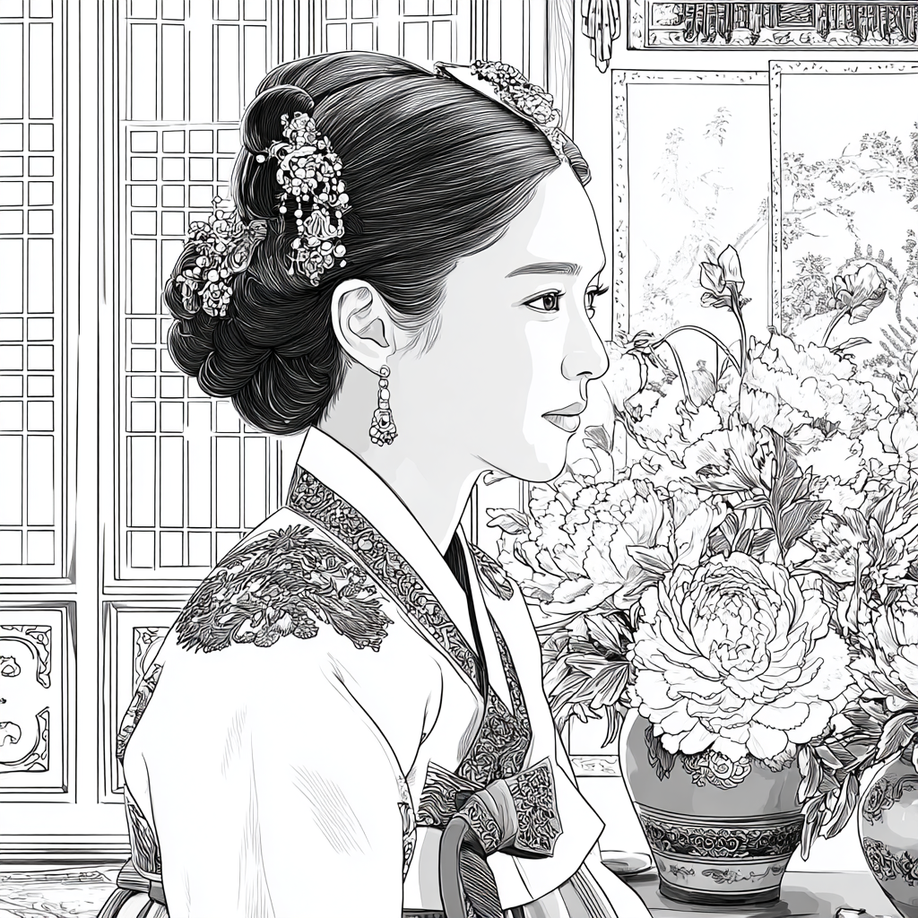 Graceful Joseon Hanbok Portrait with Pink Peonies