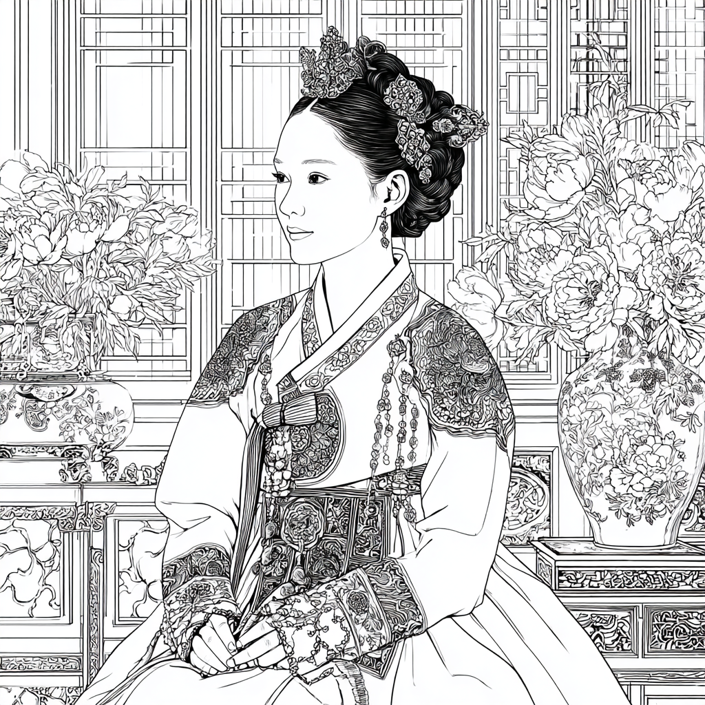 Graceful Joseon Hanbok Portrait with Pink Peonies