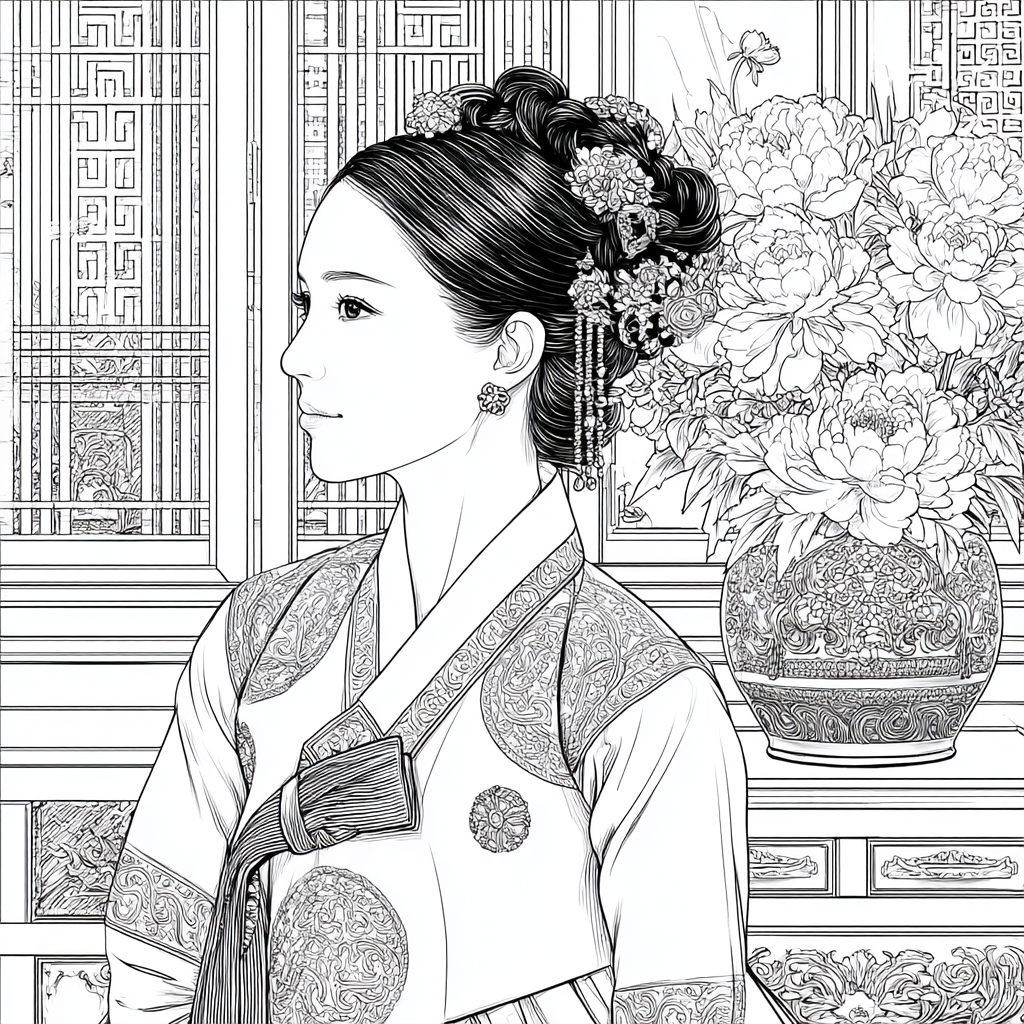 Graceful Joseon Hanbok Portrait with Pink Peonies