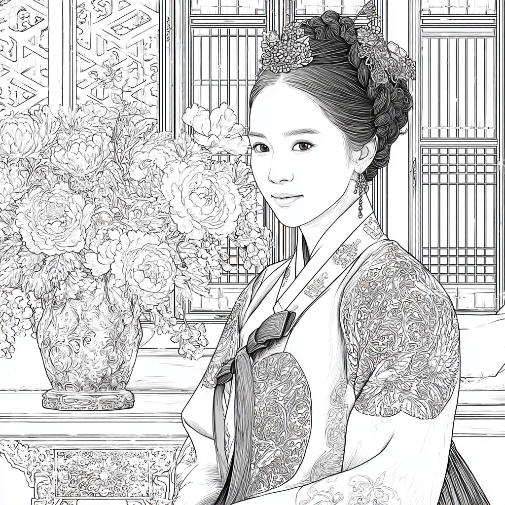 Graceful Joseon Hanbok Portrait with Pink Peonies