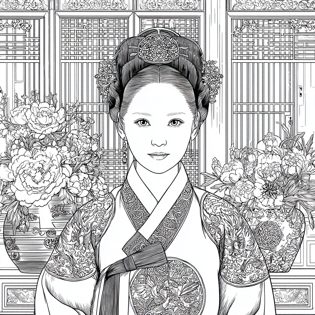 Graceful Joseon Hanbok Portrait with Pink Peonies