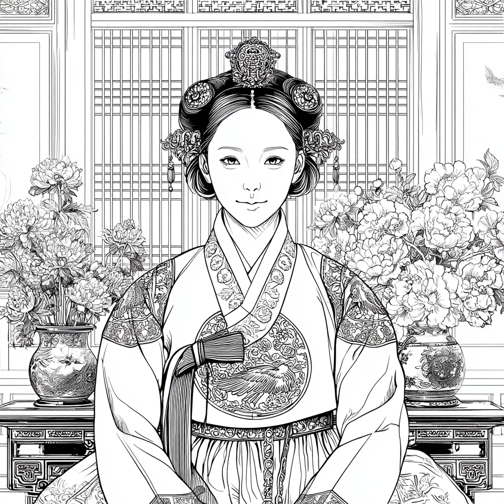 Graceful Joseon Hanbok Portrait with Pink Peonies
