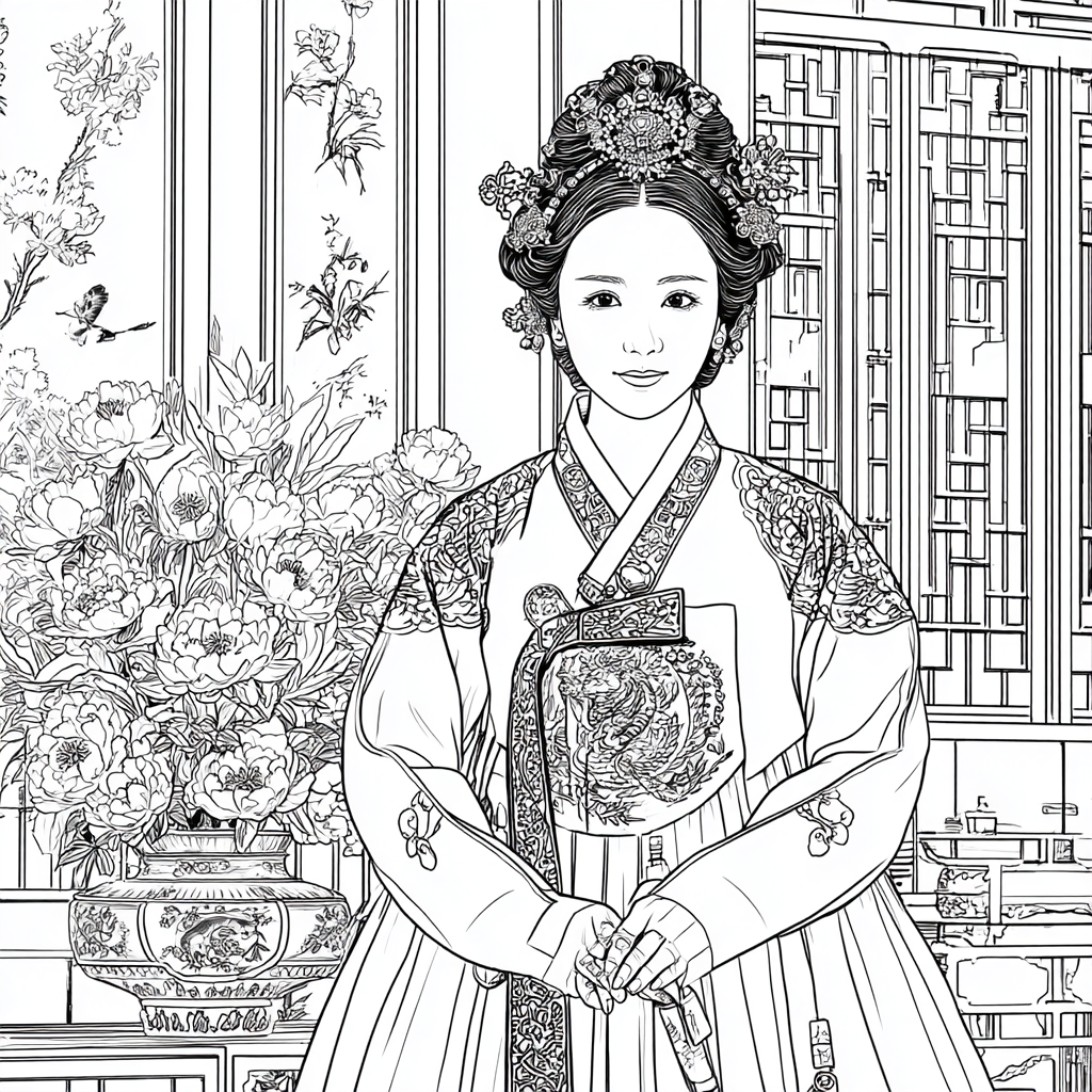 Graceful Joseon Hanbok Portrait with Pink Peonies