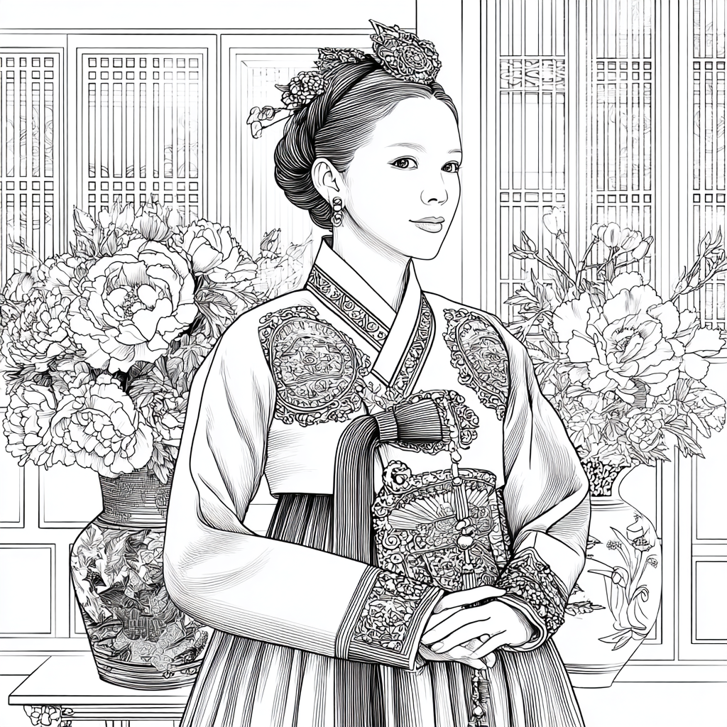 Graceful Joseon Hanbok Portrait with Pink Peonies