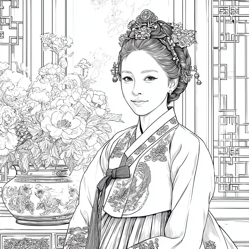 Graceful Joseon Hanbok Portrait with Pink Peonies