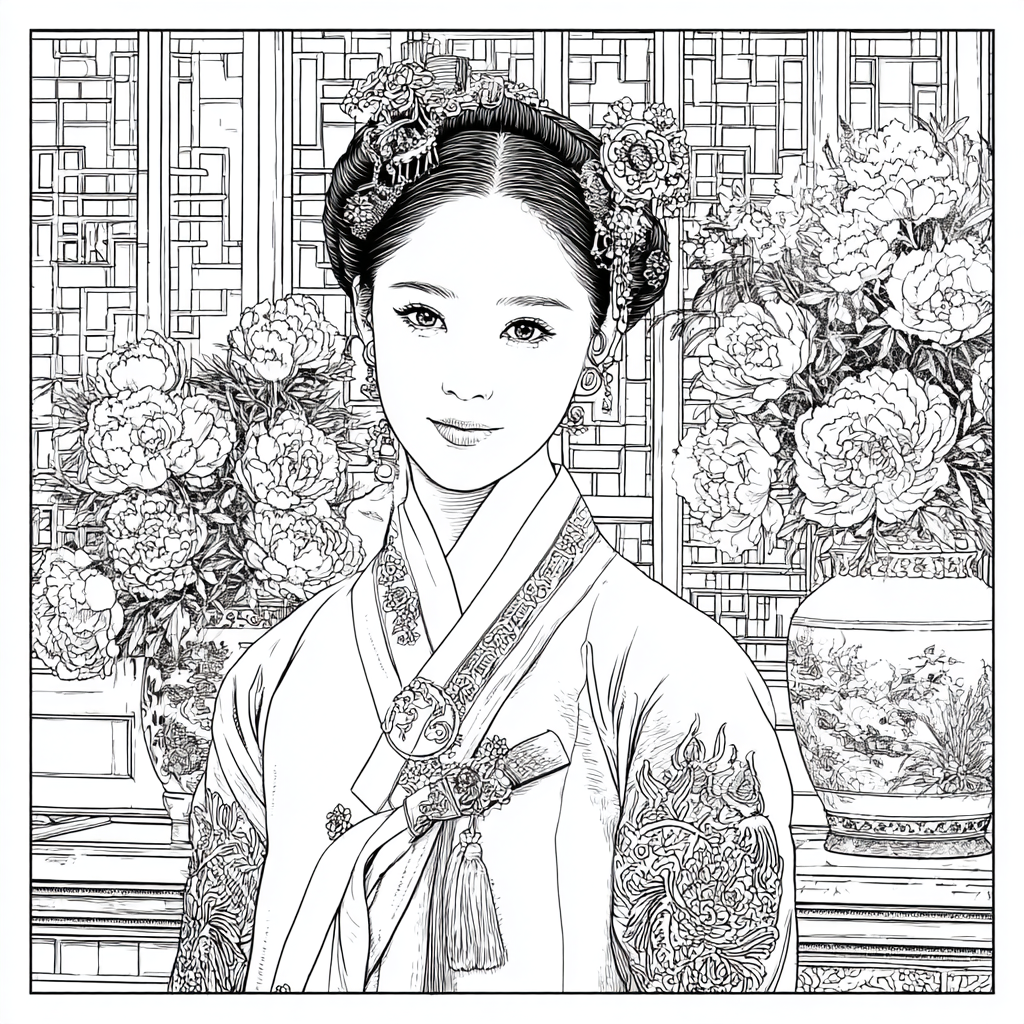 Graceful Joseon Hanbok Portrait with Pink Peonies