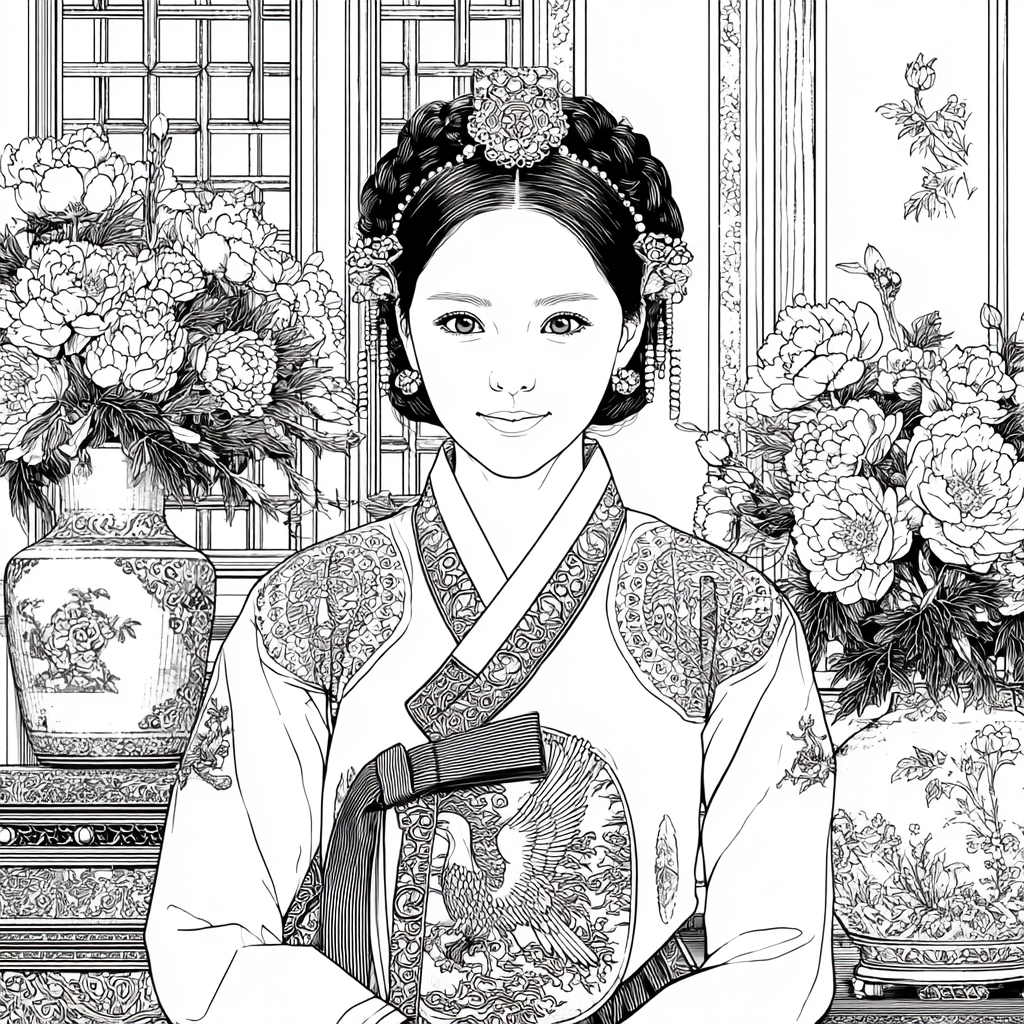Graceful Joseon Hanbok Portrait with Pink Peonies
