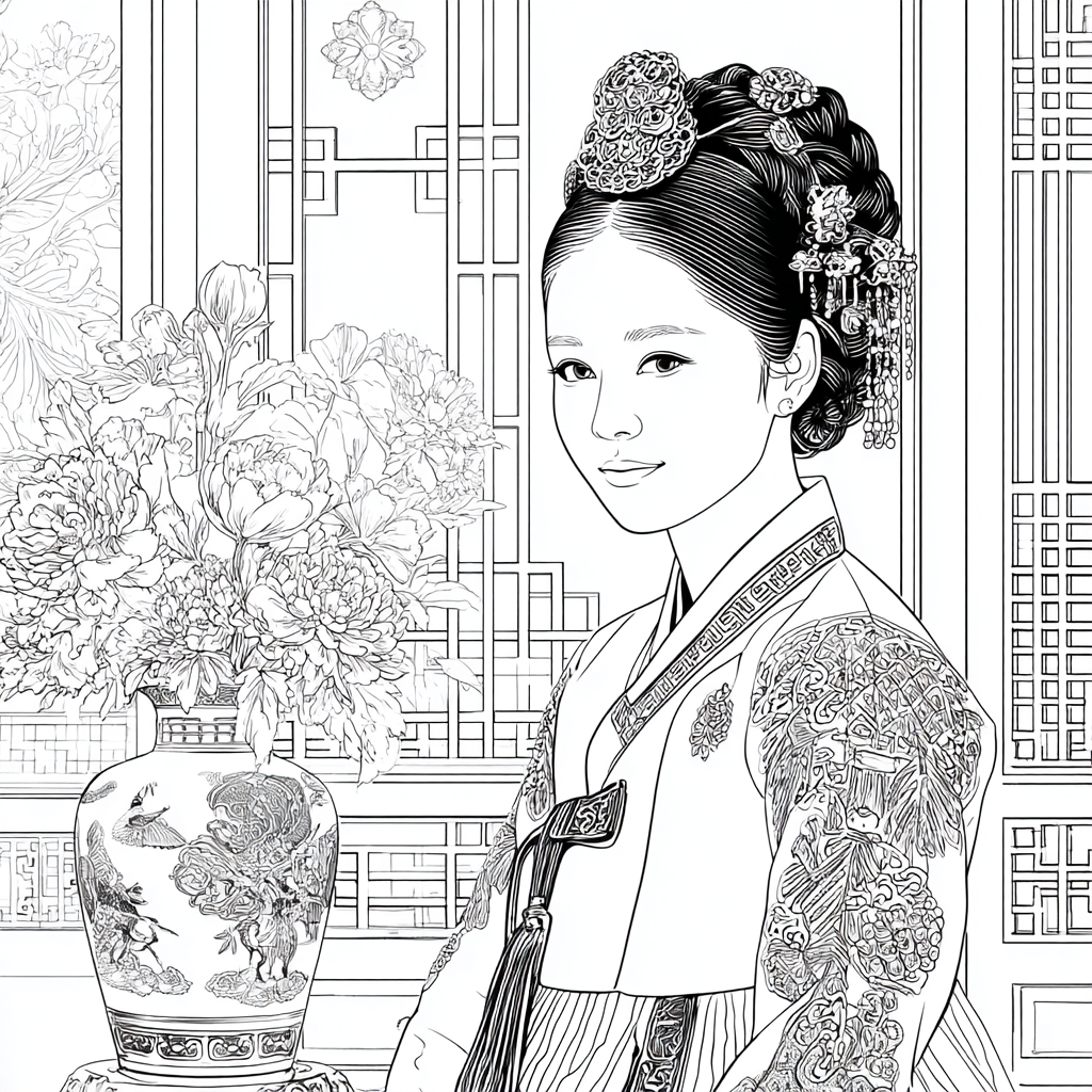 Graceful Joseon Hanbok Portrait with Pink Peonies