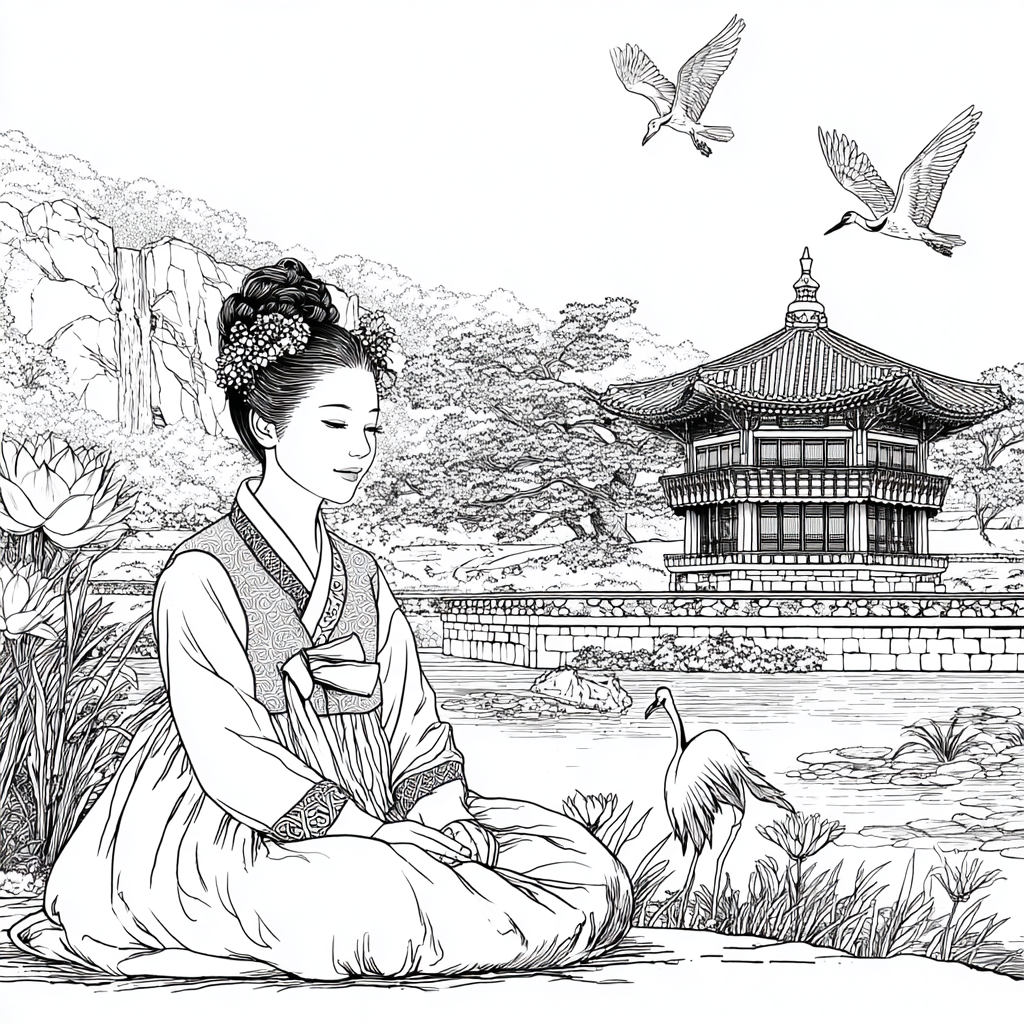 Serene Korean Hanbok Garden with Cranes and Palace Waterfall