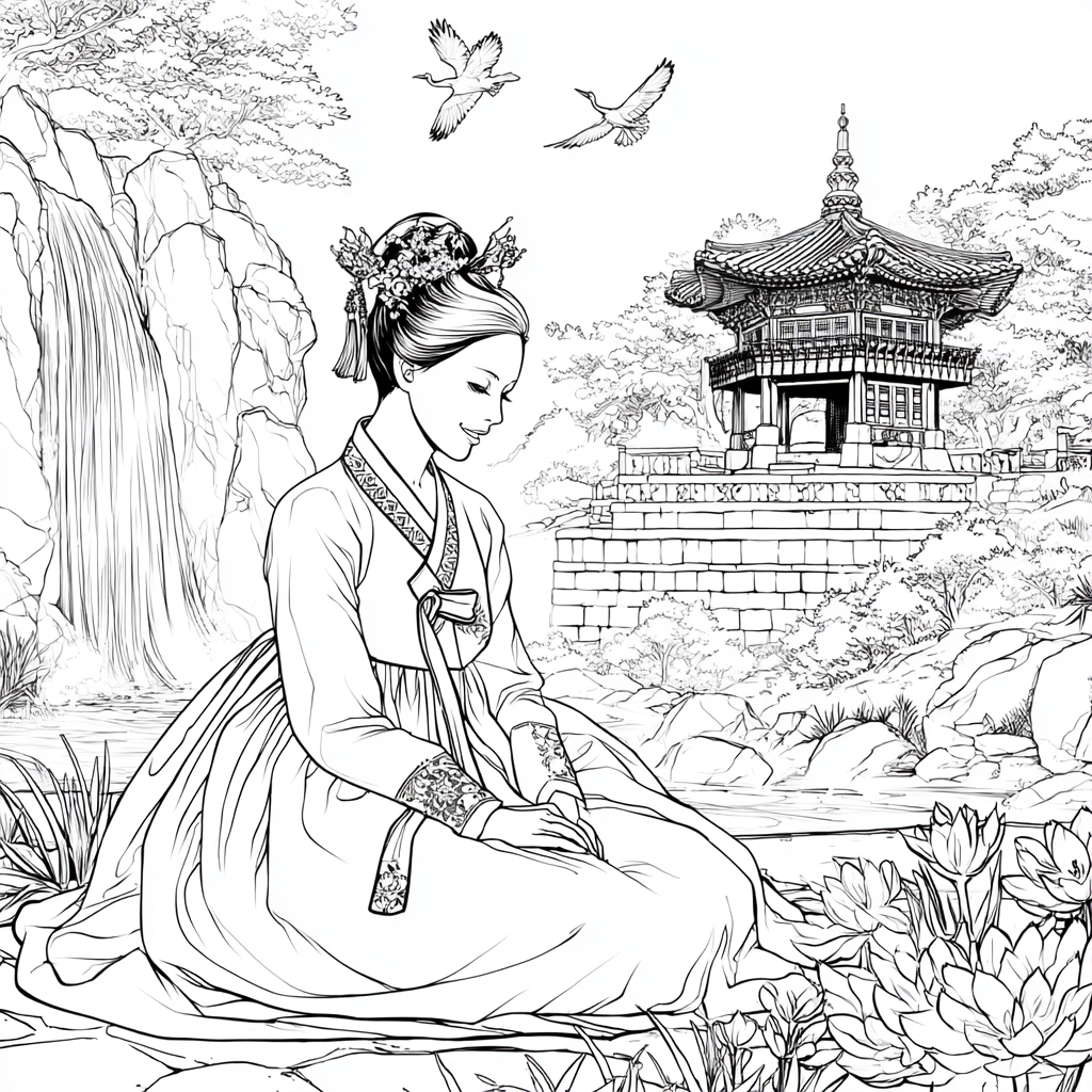 Serene Korean Hanbok Garden with Cranes and Palace Waterfall