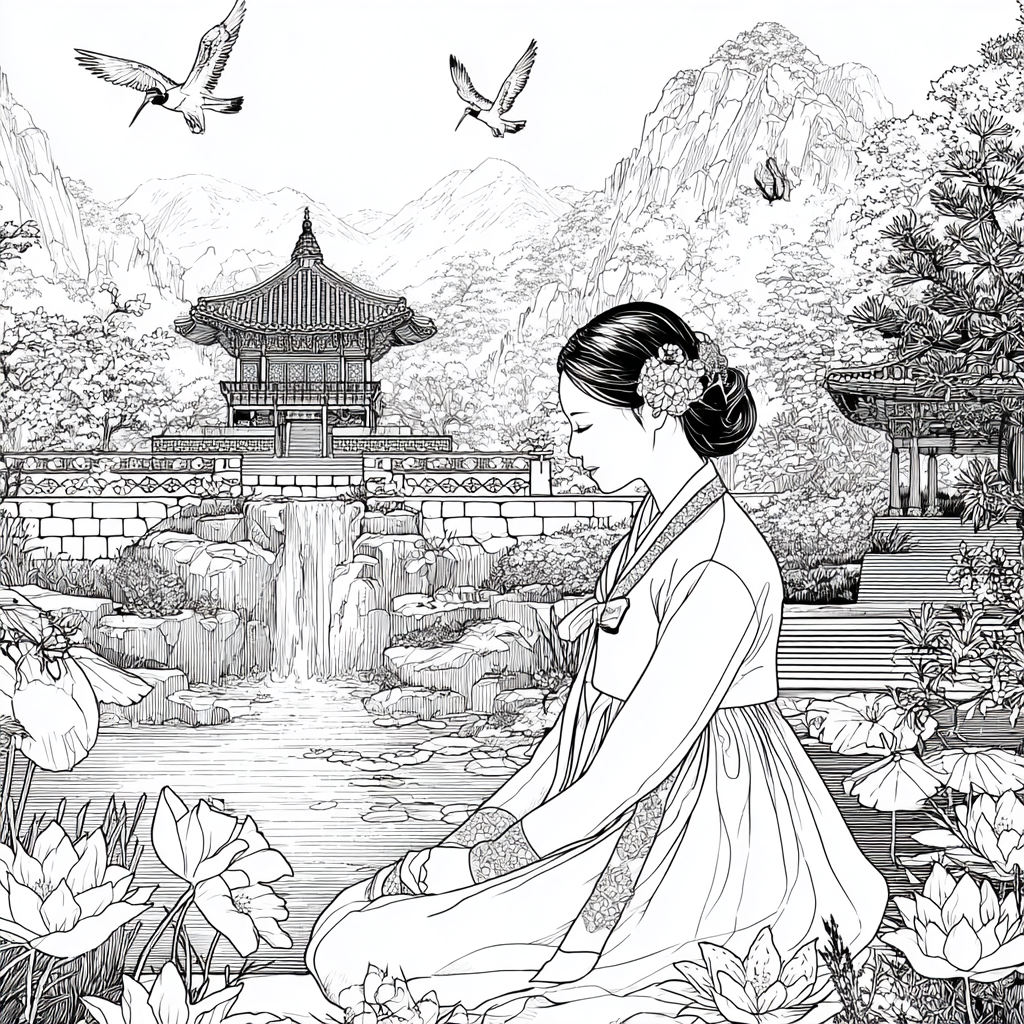 Serene Korean Hanbok Garden with Cranes and Palace Waterfall