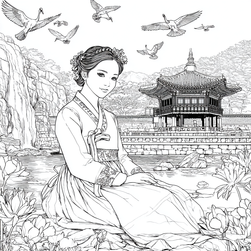 Serene Korean Hanbok Garden with Cranes and Palace Waterfall