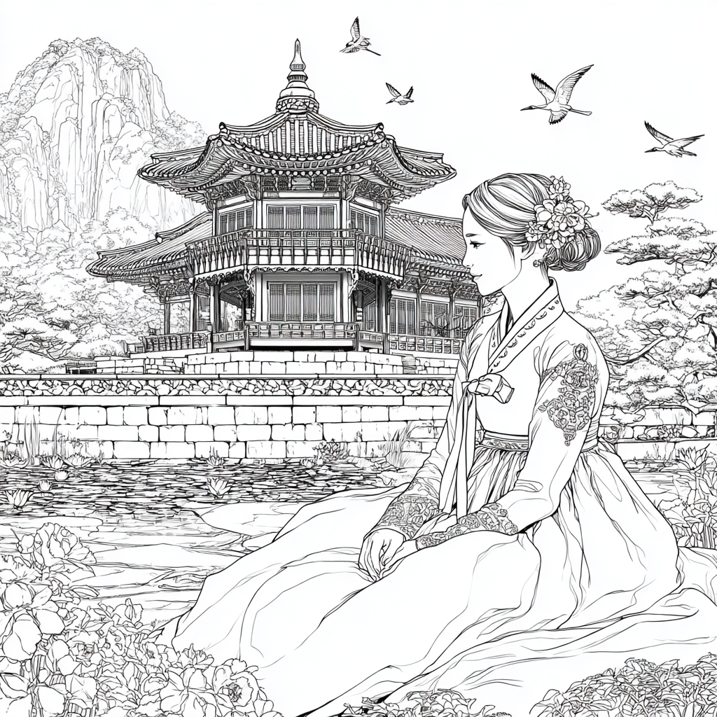 Serene Korean Hanbok Garden with Cranes and Palace Waterfall