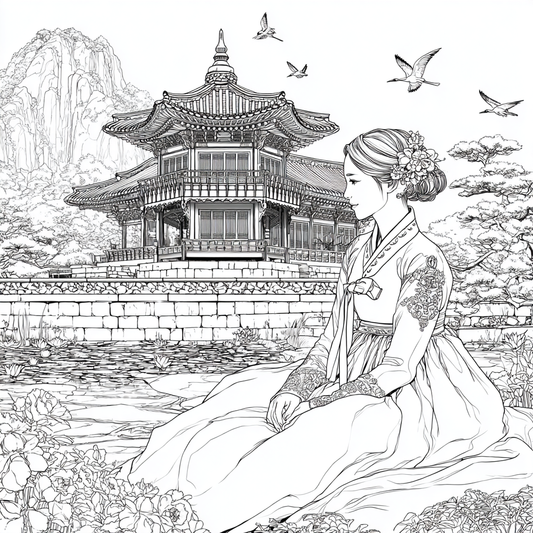 Serene Korean Hanbok Garden with Cranes and Palace Waterfall
