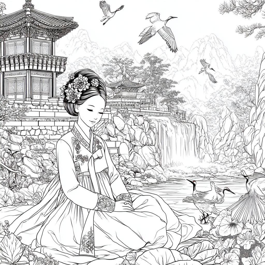 Serene Korean Hanbok Garden with Cranes and Palace Waterfall