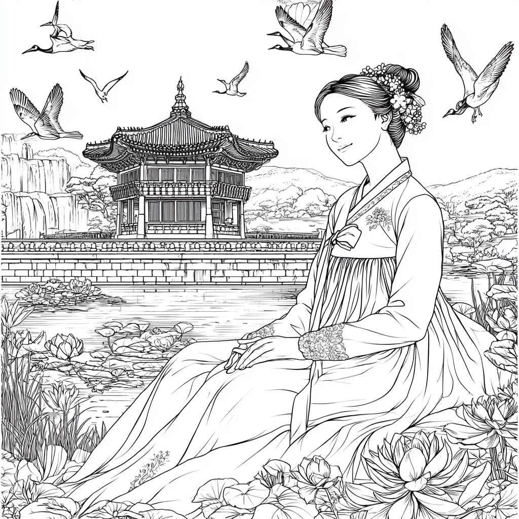 Serene Korean Hanbok Garden with Cranes and Palace Waterfall