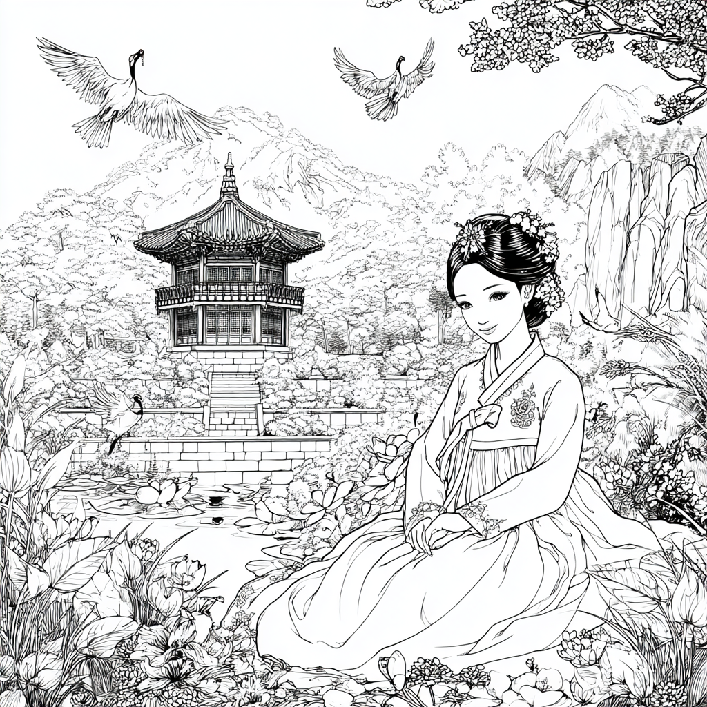 Serene Korean Hanbok Garden with Cranes and Palace Waterfall