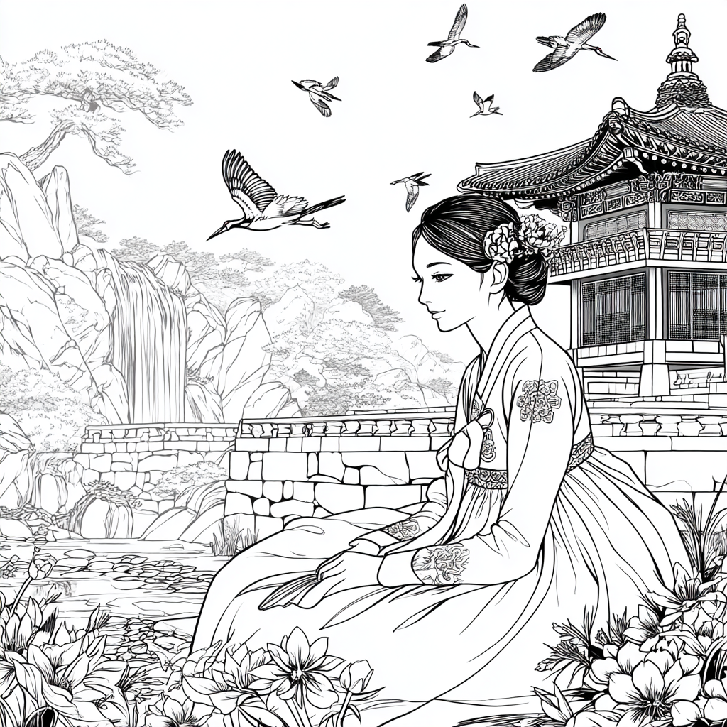 Serene Korean Hanbok Garden with Cranes and Palace Waterfall