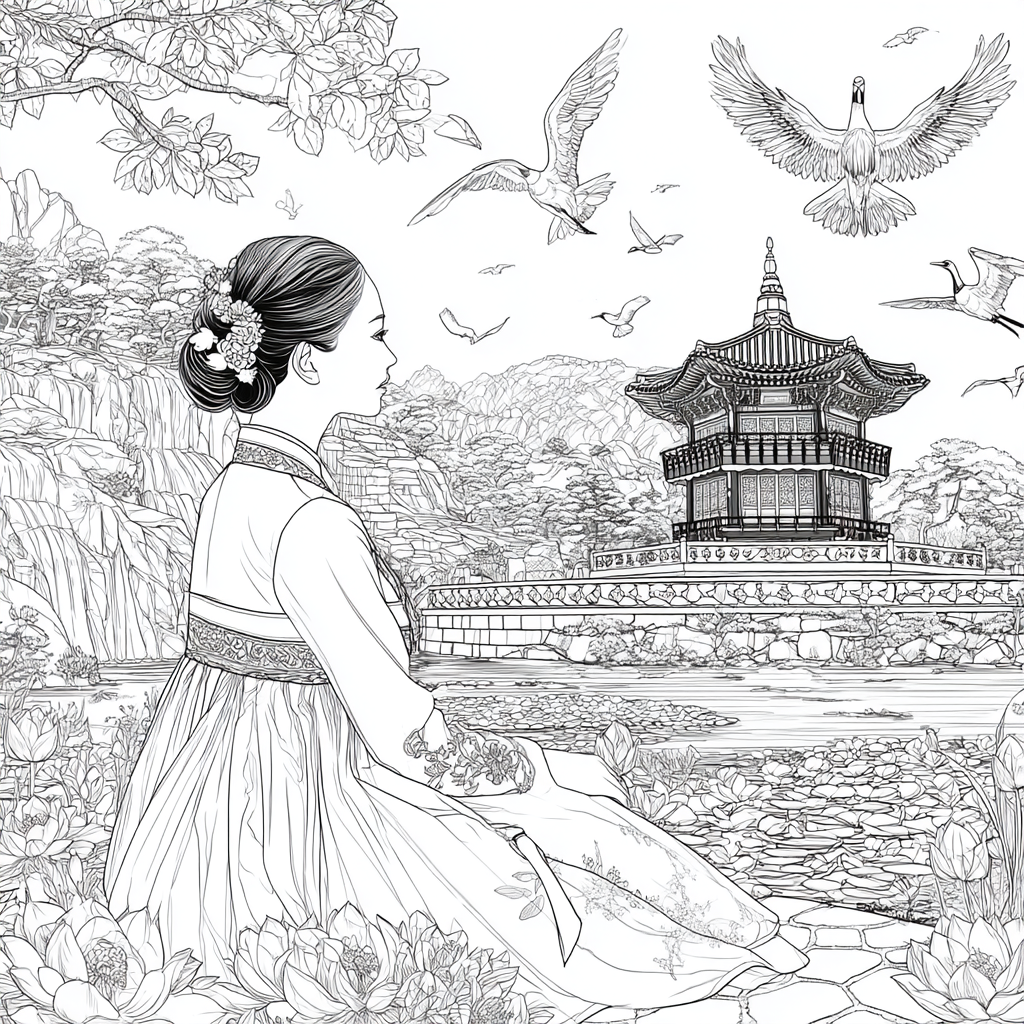 Serene Korean Hanbok Garden with Cranes and Palace Waterfall