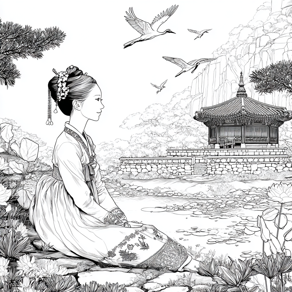Serene Korean Hanbok Garden with Cranes and Palace Waterfall