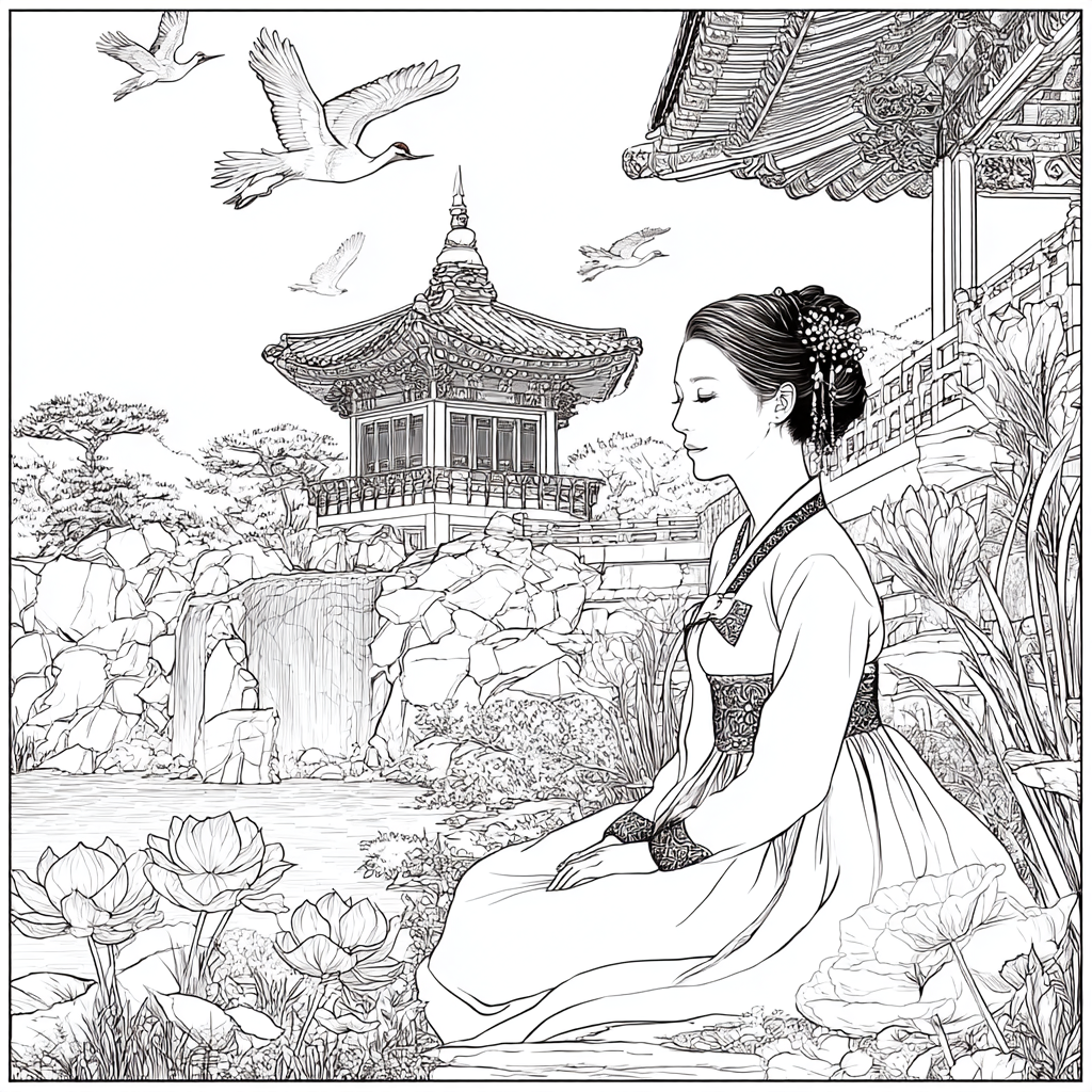 Serene Korean Hanbok Garden with Cranes and Palace Waterfall