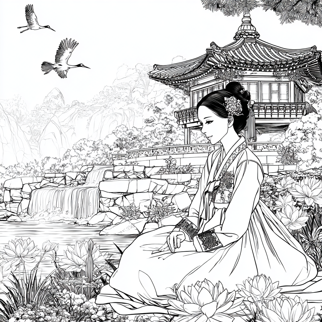 Serene Korean Hanbok Garden with Cranes and Palace Waterfall