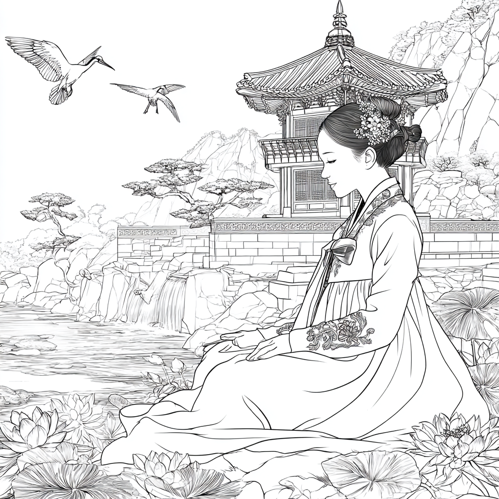 Serene Korean Hanbok Garden with Cranes and Palace Waterfall