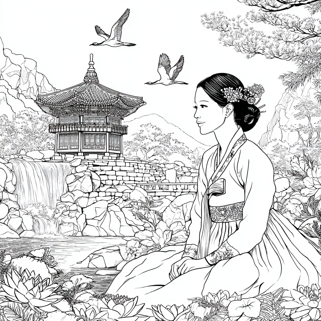 Serene Korean Hanbok Garden with Cranes and Palace Waterfall
