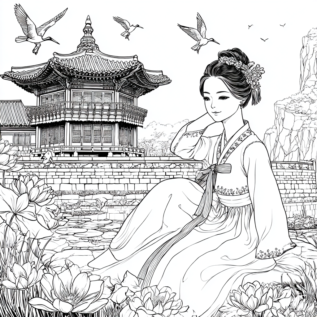 Serene Korean Hanbok Garden with Cranes and Palace Waterfall