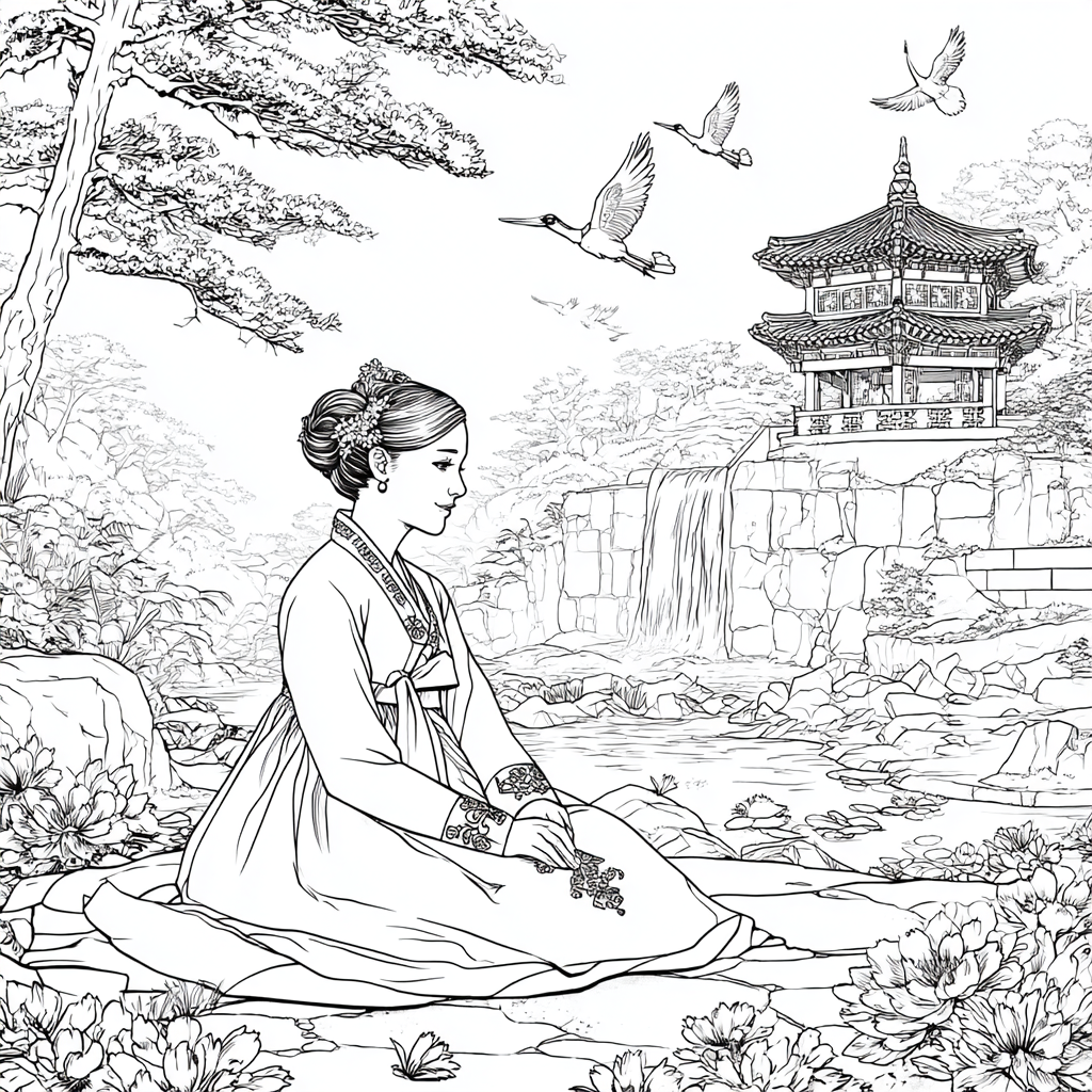 Serene Korean Hanbok Garden with Cranes and Palace Waterfall