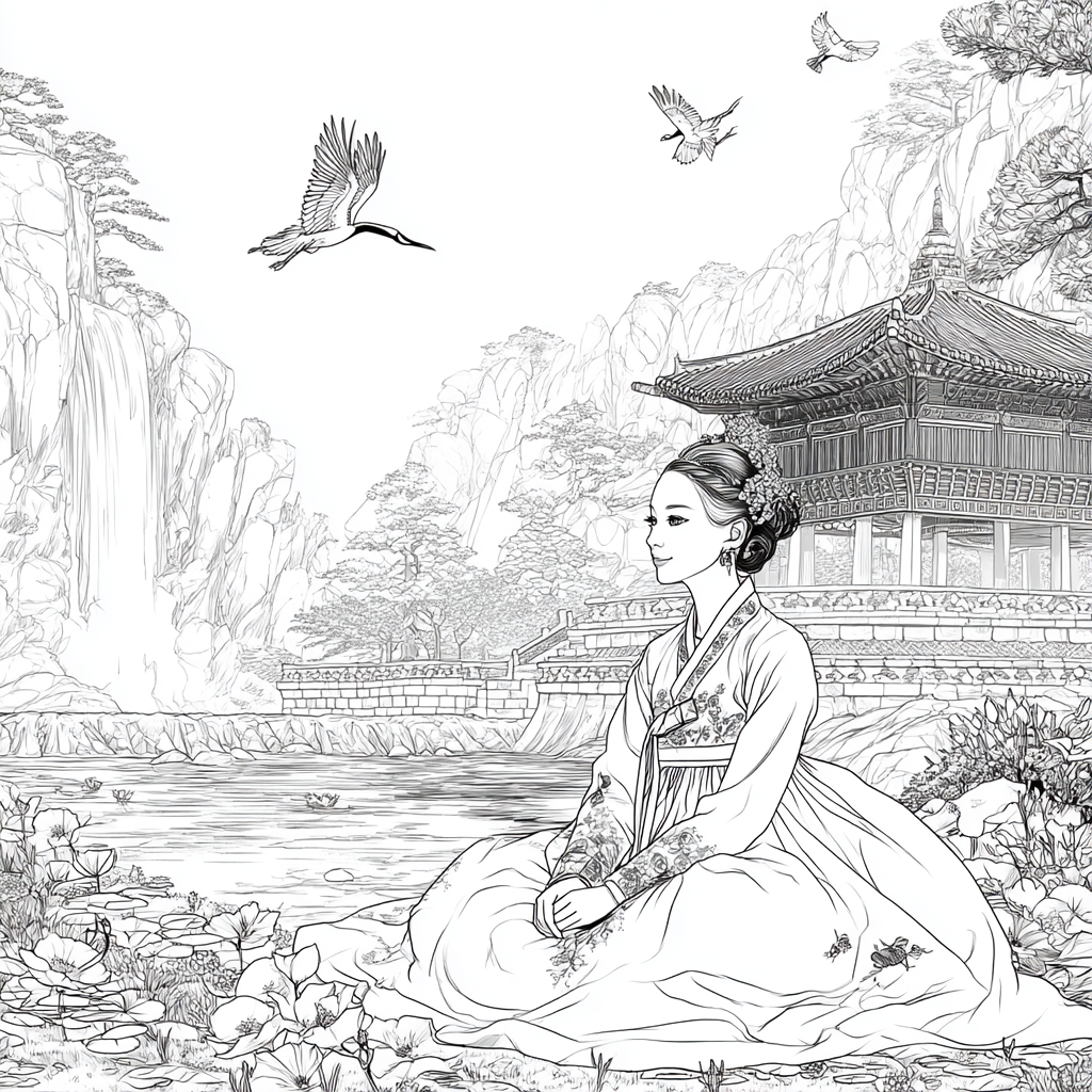 Serene Korean Hanbok Garden with Cranes and Palace Waterfall