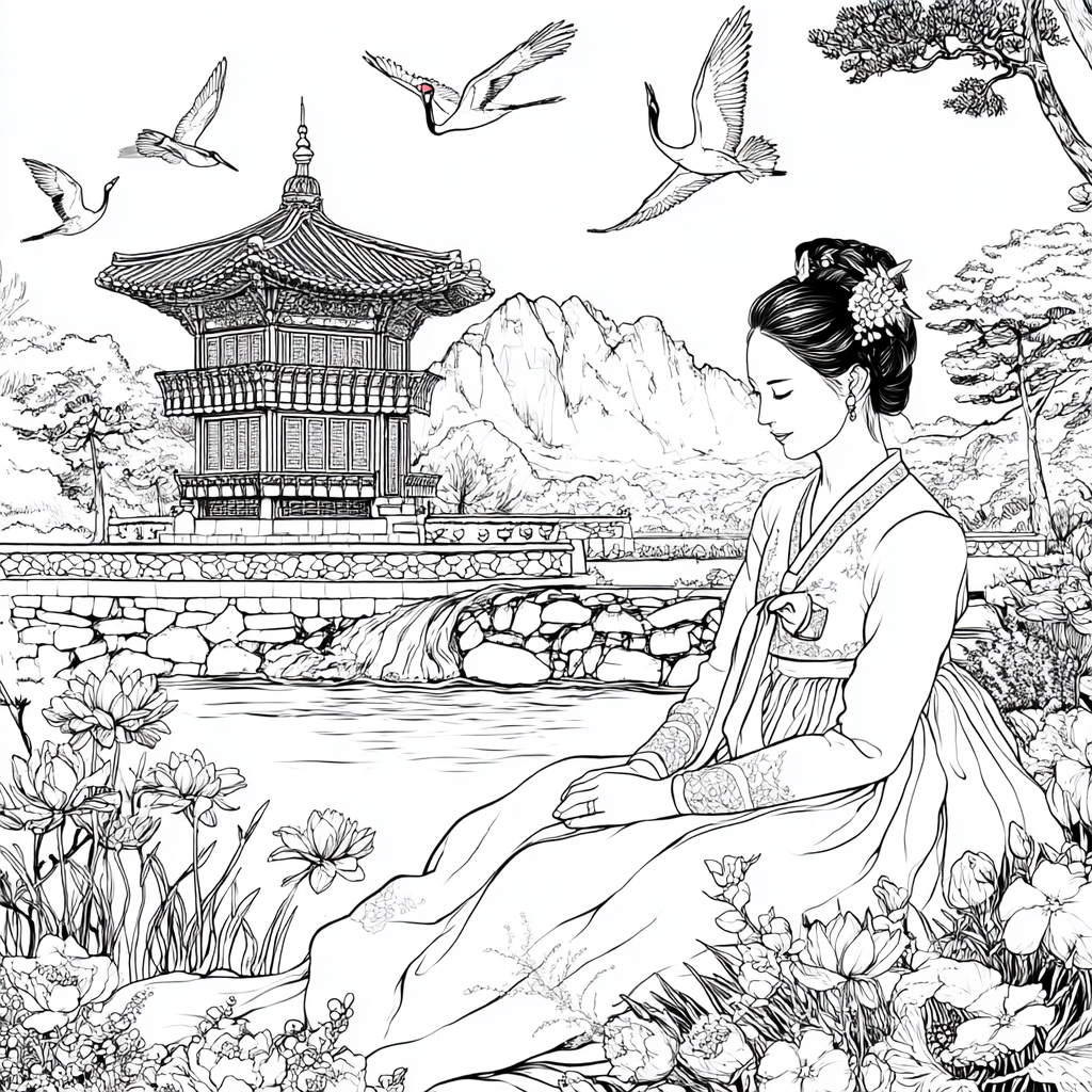 Serene Korean Hanbok Garden with Cranes and Palace Waterfall
