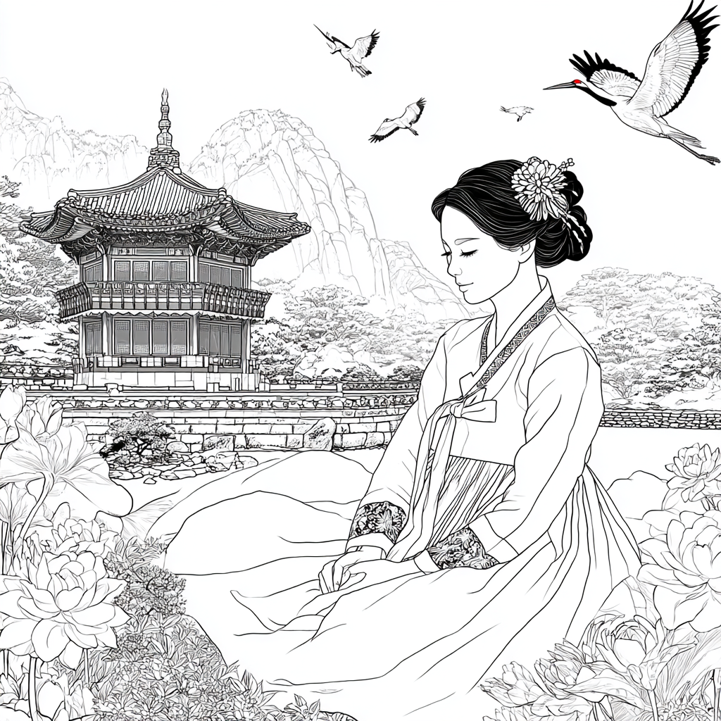 Serene Korean Hanbok Garden with Cranes and Palace Waterfall