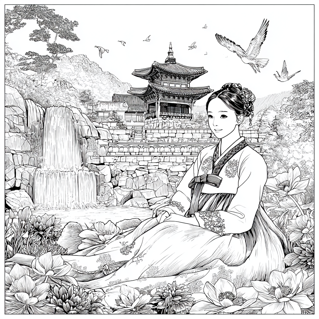 Serene Korean Hanbok Garden with Cranes and Palace Waterfall
