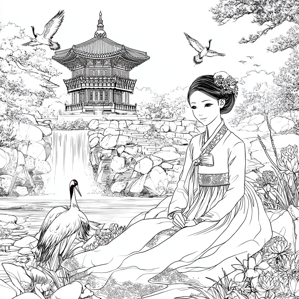 Serene Korean Hanbok Garden with Cranes and Palace Waterfall