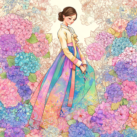 Blossom Grace – A Hanbok Dream in Hydrangea Bloom