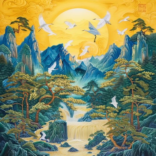 Harmony of Cranes and Golden Sun
