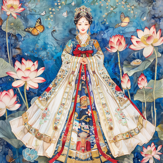 Majestic Bride in Hanbok Amidst Lotus Blossoms