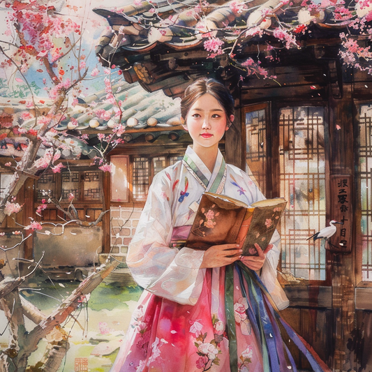 Spring Serenity: Korean Maiden with a Book