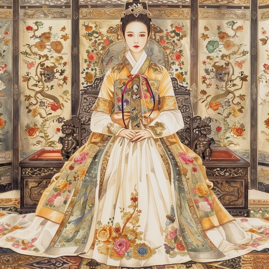 Throne of Blossoms: Korean Queen in Golden Hanbok
