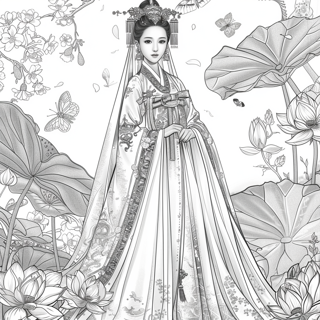 Majestic Bride in Hanbok Amidst Lotus Blossoms