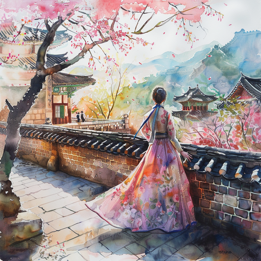 Spring Reverie: Hanbok Lady Overlooking the Palace
