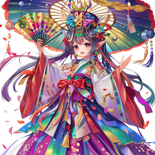 Radiant Anime Princess in Rainbow Hanbok with Festival Umbrella