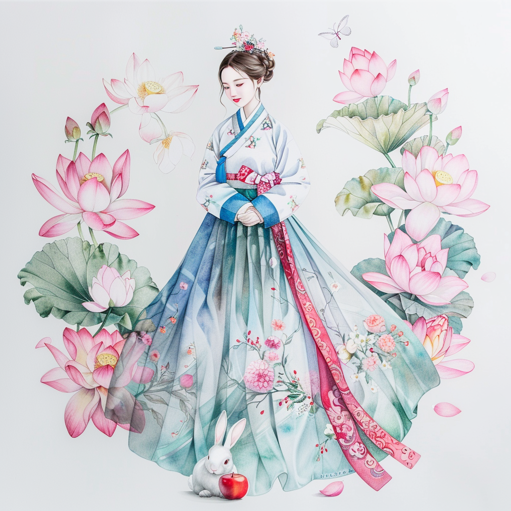 Lotus Maiden in Hanbok with White Rabbit