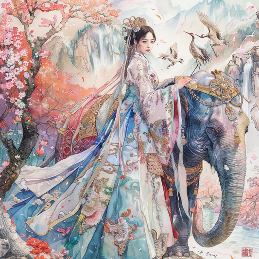 Princess of Spring: Elegance with Elephant and Cranes